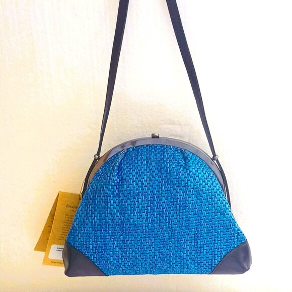 Patricia Nash Silvia Frame Crossbody Bag Blue Woven Black Leather - Picture 1 of 15